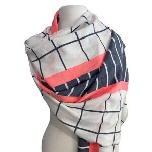 J.Crew Womens Grid & Stripe Ruana Scarf wrap With Coral Accent Polyester/Viscose